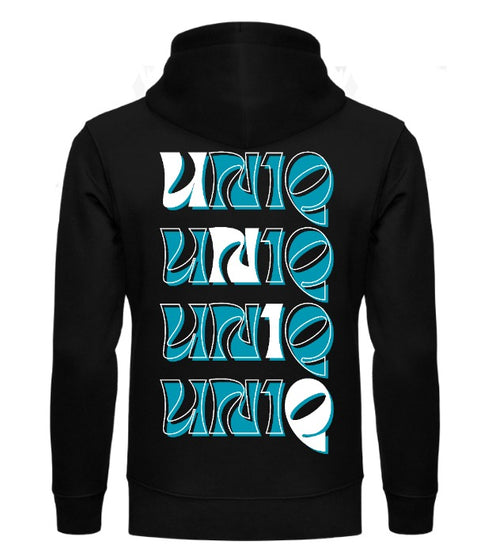 Pullover Hoodie - UN1Q Stacked Logo Hoodie (Blue on Black)