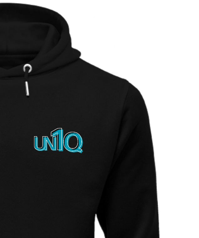 Pullover Hoodie - UN1Q Stacked Logo Hoodie (Blue on Black)
