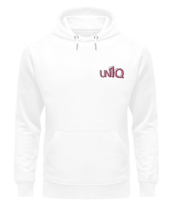 Pullover Hoodie - UN1Q Stacked Logo Hoodie (Pink on White)
