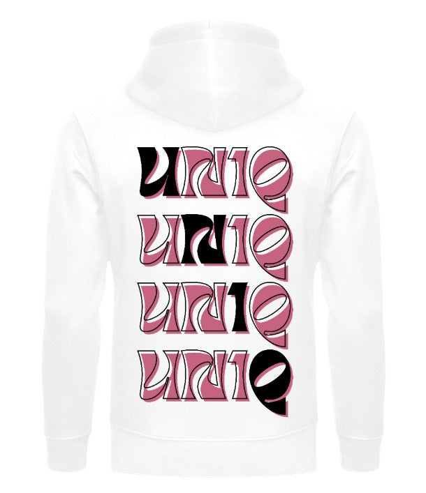 Pullover Hoodie - UN1Q Stacked Logo Hoodie (Pink on White)