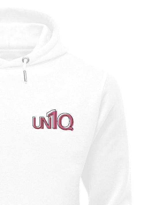 Pullover Hoodie - UN1Q Stacked Logo Hoodie (Pink on White)